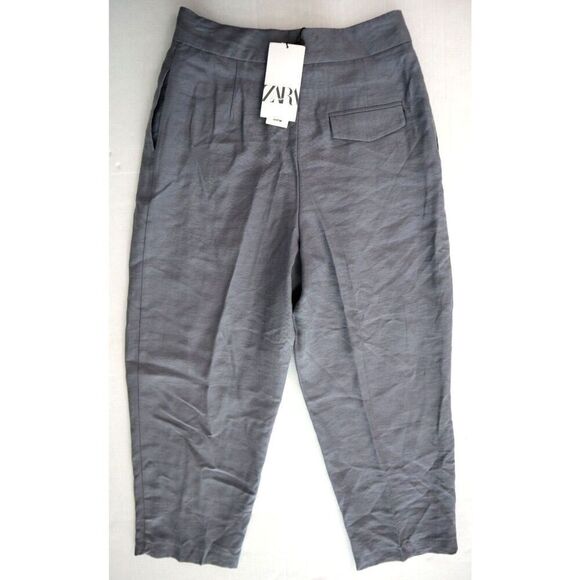 Zara Women's Sz S Gray Pleated Hi-Rise Tapered Cropped Lyocell Dress Pants - Picture 2 of 8